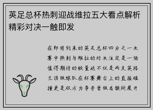 英足总杯热刺迎战维拉五大看点解析精彩对决一触即发