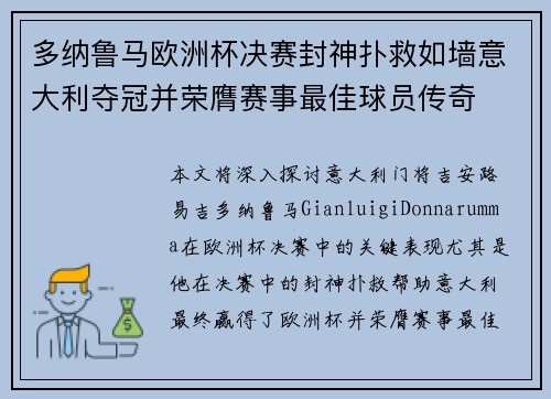 多纳鲁马欧洲杯决赛封神扑救如墙意大利夺冠并荣膺赛事最佳球员传奇