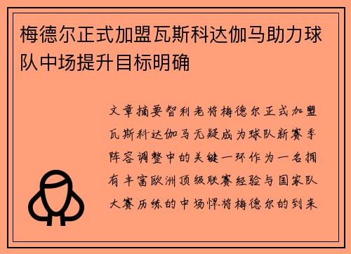 梅德尔正式加盟瓦斯科达伽马助力球队中场提升目标明确